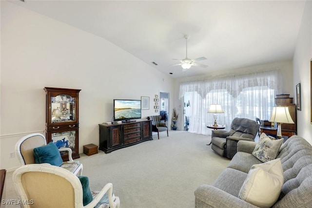 6956 Lone Oak Blvd, Naples, FL 34109 - living room with carpet flooring, lofted ceiling, and a ceiling fan