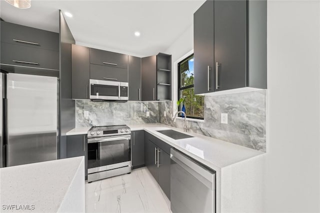3525 43rd Ave NE, Naples, FL 34120 - kitchen featuring appliances with stainless steel finishes, modern cabinets, light marble finish floors, open shelves, and backsplash