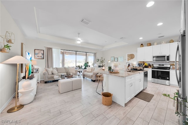 2622 SW 5th St, Cape Coral, FL 33991 - kitchen with stainless steel appliances, open floor plan, a tray ceiling, and recessed lighting