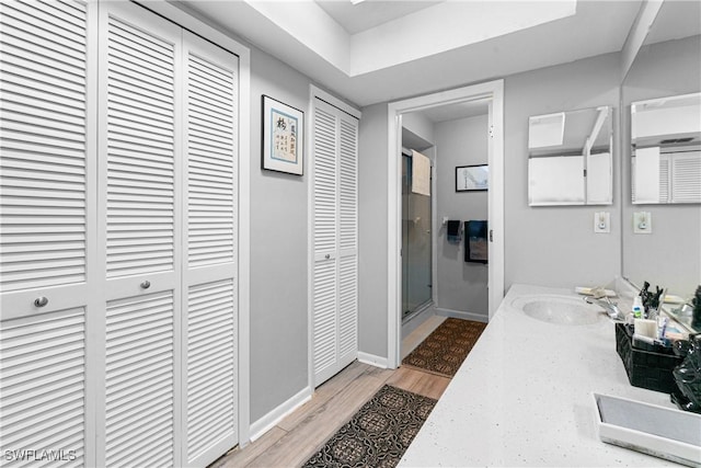 9761 Maplecrest Cir, Lehigh Acres, FL 33936 - full bathroom featuring a closet, double vanity, a shower stall, and wood finished floors