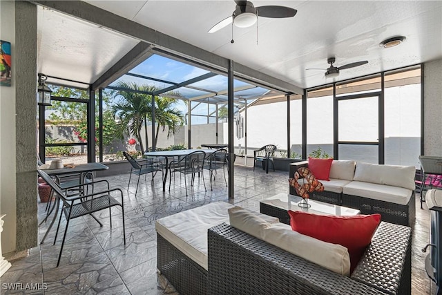 9761 Maplecrest Cir, Lehigh Acres, FL 33936 - sunroom with outdoor dining space, ceiling fan, and an outdoor living space