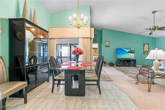 9817 Maplecrest Cir, Lehigh Acres, FL 33936 - dining area with a chandelier, ceiling fan, and high vaulted ceiling