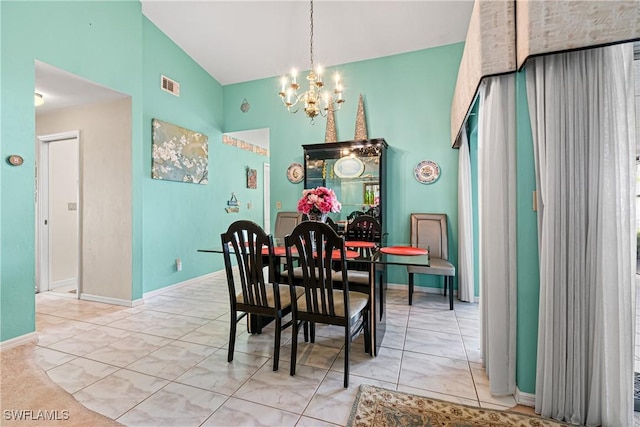 9817 Maplecrest Cir, Lehigh Acres, FL 33936 - dining room featuring a chandelier, high vaulted ceiling, and light marble finish flooring