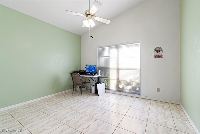 9817 Maplecrest Cir, Lehigh Acres, FL 33936 - unfurnished office featuring ceiling fan and high vaulted ceiling