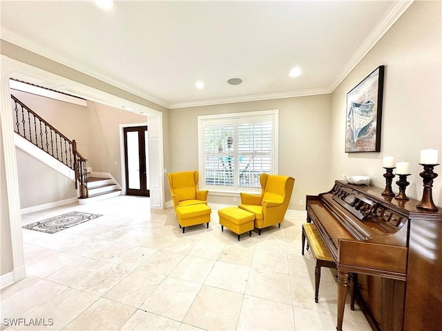 2855 Coach House Way, Naples, FL 34105 - sitting room featuring stairway, crown molding, recessed lighting, and light tile patterned floors
