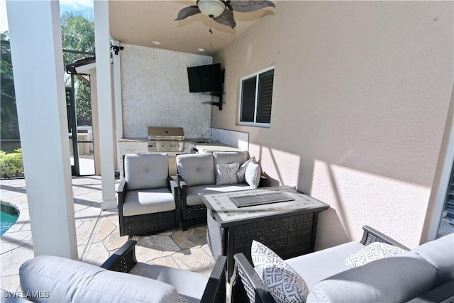 2855 Coach House Way, Naples, FL 34105 - view of patio / terrace with an outdoor living space, ceiling fan, an outdoor pool, and exterior kitchen