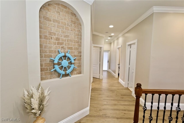 2855 Coach House Way, Naples, FL 34105 - corridor with ornamental molding, wood finished floors, recessed lighting, and arched walkways