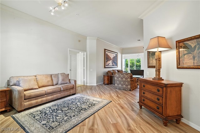 700 L Ambiance Cir Unit 202, Naples, FL 34108 - living area featuring light wood-style flooring, ornamental molding, and rail lighting