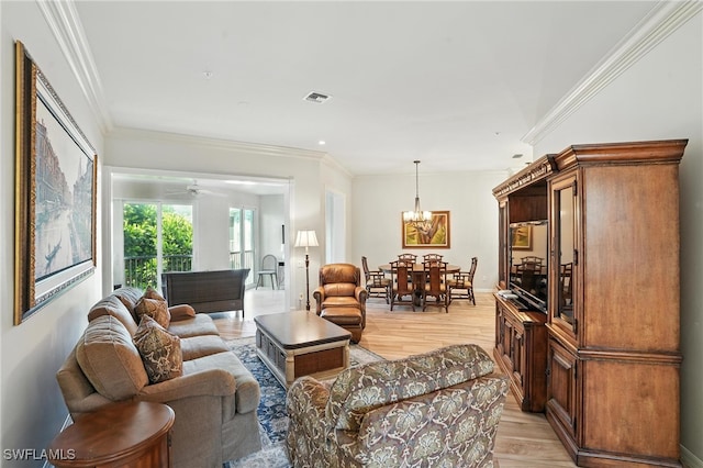 700 L Ambiance Cir Unit 202, Naples, FL 34108 - living room with a chandelier, light wood finished floors, ornamental molding, and recessed lighting