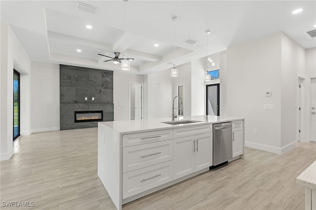 1159 SW 5th Ter, Cape Coral, FL 33991 - kitchen featuring dishwasher, a ceiling fan, recessed lighting, white cabinetry, and a center island with sink