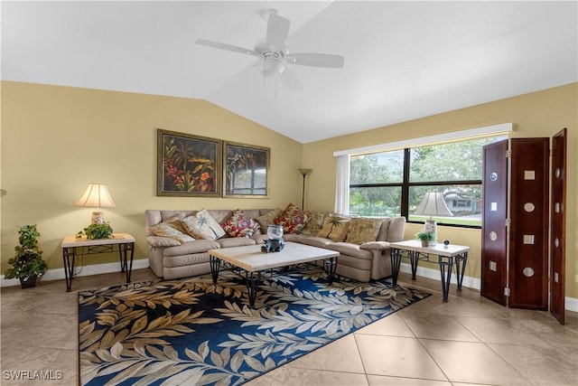 27780 Matheson Ave, Bonita Springs, FL 34135 - living area featuring vaulted ceiling, light tile patterned floors, and a ceiling fan