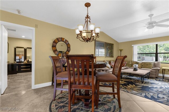 27780 Matheson Ave, Bonita Springs, FL 34135 - dining space featuring vaulted ceiling, a chandelier, a ceiling fan, and light tile patterned floors
