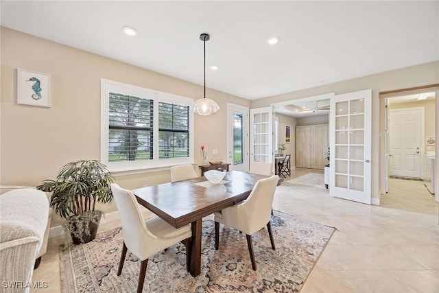 7773 Jacaranda Ln, Naples, FL 34114 - dining area with french doors, recessed lighting, ceiling fan, and light tile patterned floors