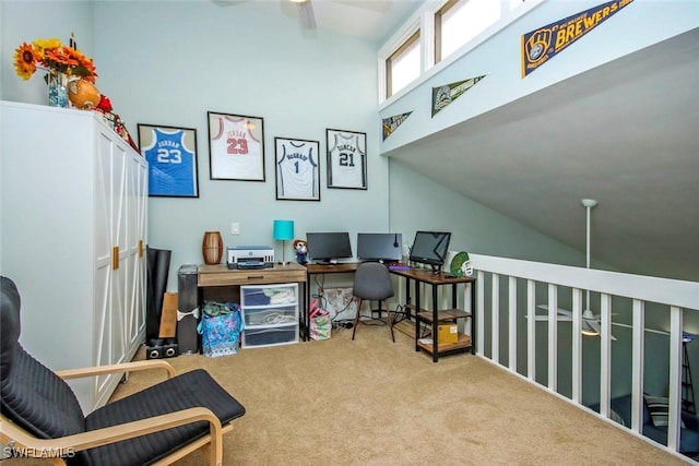 8849 Somerset Blvd, Fort Myers, FL 33919 - carpeted home office with ceiling fan and high vaulted ceiling