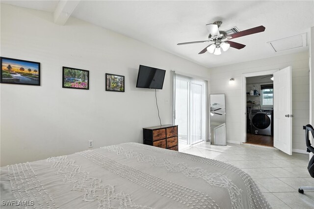 1423 Charles Rd, Fort Myers, FL 33919 - bedroom with tile patterned flooring, attic access, beamed ceiling, and a ceiling fan