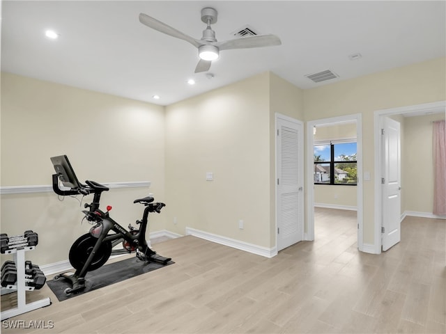 7524 Carnegie Way, Naples, FL 34119 - exercise room with ceiling fan, light wood finished floors, and recessed lighting