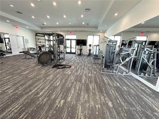 7524 Carnegie Way, Naples, FL 34119 - exercise room with carpet flooring, a tray ceiling, and french doors