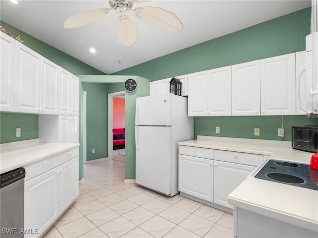 1170 Partridge Ln Unit 202, Naples, FL 34104 - kitchen with white appliances, white cabinetry, ceiling fan, light countertops, and recessed lighting