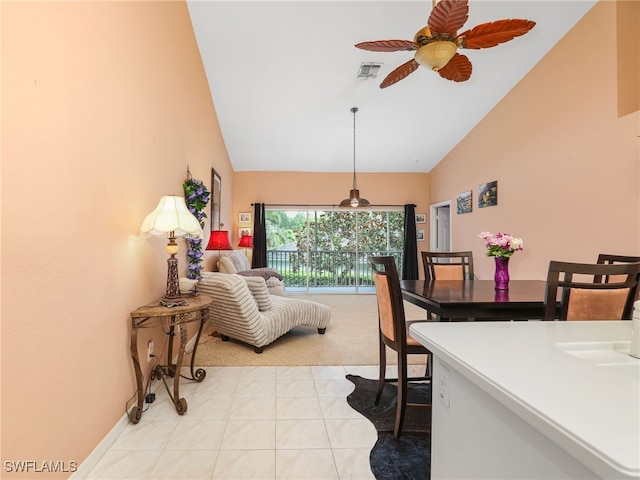 1170 Partridge Ln Unit 202, Naples, FL 34104 - dining room with high vaulted ceiling, light tile patterned floors, and a ceiling fan