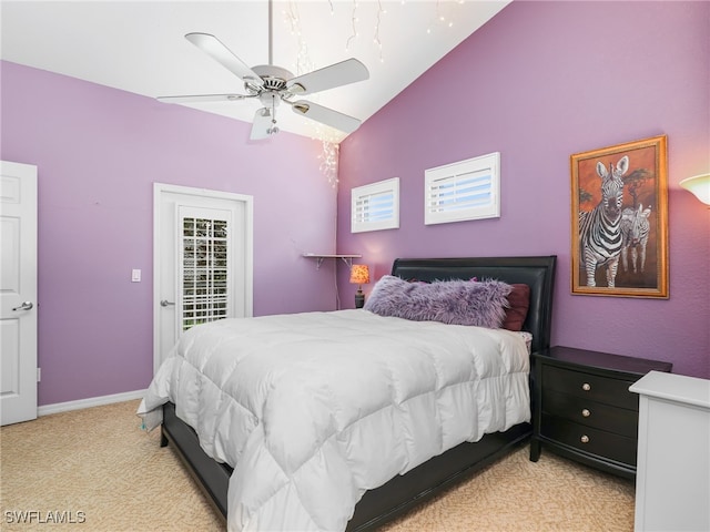 1170 Partridge Ln Unit 202, Naples, FL 34104 - bedroom featuring light carpet, lofted ceiling, and ceiling fan