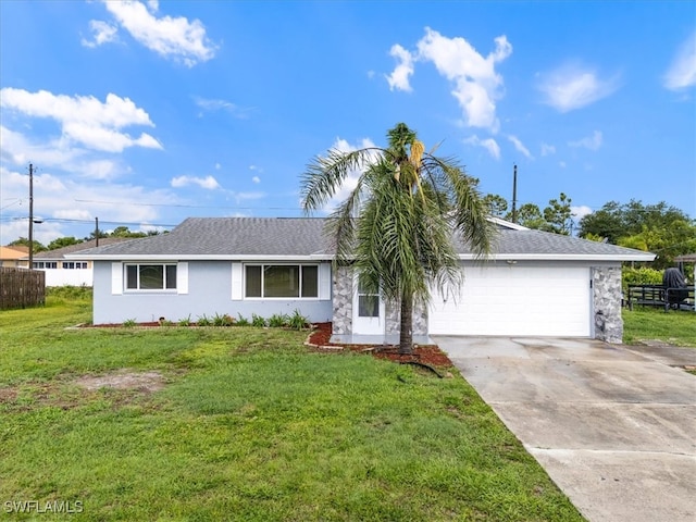 17236 Lee Rd, Fort Myers, FL 33967 - ranch-style house featuring driveway, an attached garage, stone siding, and a shingled roof