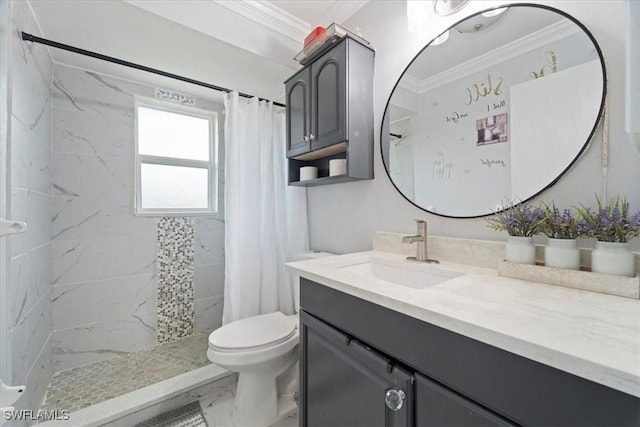 17236 Lee Rd, Fort Myers, FL 33967 - full bathroom featuring marble finish flooring, ornamental molding, vanity, and tiled shower