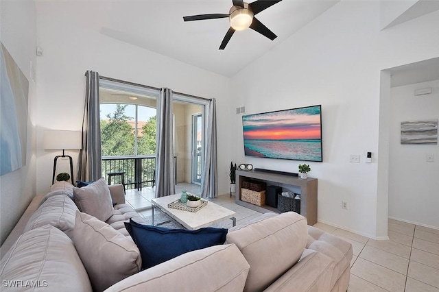 9035 Colby Dr Unit 2322, Fort Myers, FL 33919 - living area featuring a ceiling fan, lofted ceiling, and light tile patterned floors