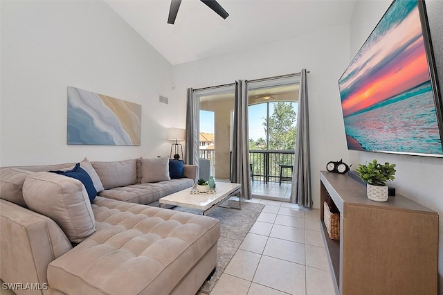 9035 Colby Dr Unit 2322, Fort Myers, FL 33919 - living room featuring a ceiling fan, light tile patterned floors, and high vaulted ceiling