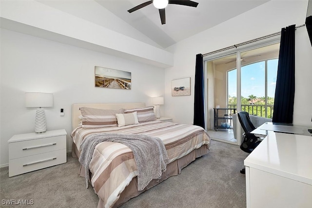 9035 Colby Dr Unit 2322, Fort Myers, FL 33919 - bedroom featuring light colored carpet, access to outside, vaulted ceiling, and ceiling fan