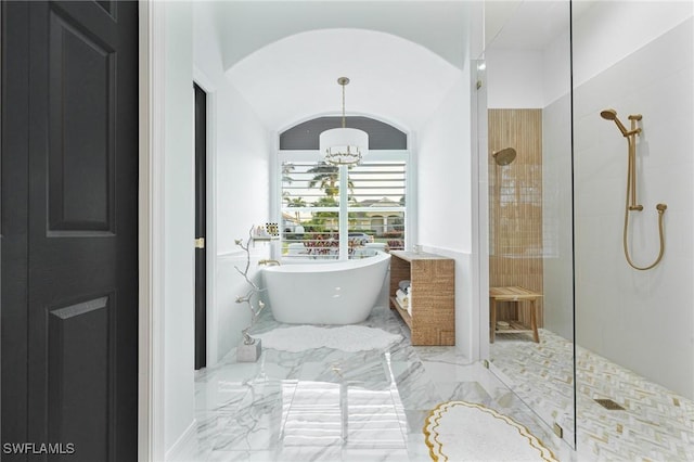 8920 Lely Island Cir, Naples, FL 34113 - full bathroom featuring walk in shower, a freestanding tub, and marble tiled flooring