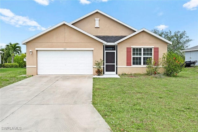 321 SW 23rd Ter, Cape Coral, FL 33991 - view of front facade featuring stucco siding, a garage, concrete driveway, and a front yard