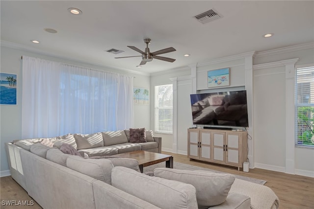 10298 Carolina Willow Dr, Fort Myers, FL 33913 - living room with a ceiling fan, recessed lighting, ornamental molding, and light wood-style floors