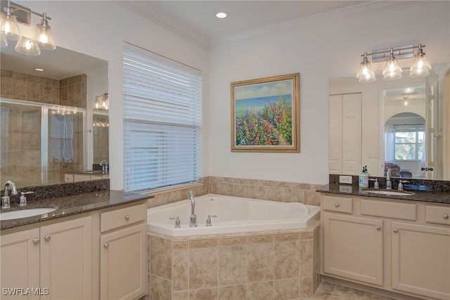 10298 Carolina Willow Dr, Fort Myers, FL 33913 - full bathroom with two vanities, a stall shower, a bath, and ornamental molding