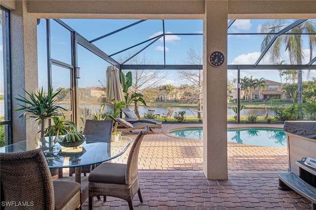 10298 Carolina Willow Dr, Fort Myers, FL 33913 - outdoor pool featuring a patio, a water view, a lanai, and outdoor dining area