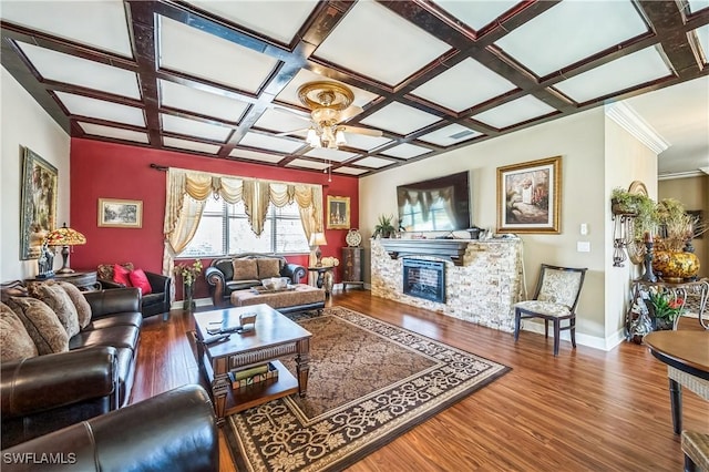 1841 Senegal Date Dr, Naples, FL 34119 - living area with wood finished floors, coffered ceiling, and a fireplace
