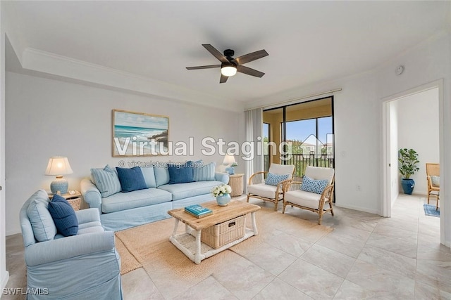 12980 Positano Cir Unit 306, Naples, FL 34105 - living area with a ceiling fan and crown molding