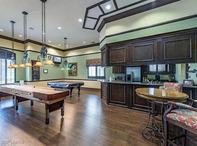 12980 Positano Cir Unit 306, Naples, FL 34105 - game room with crown molding, dark wood finished floors, pool table, and recessed lighting