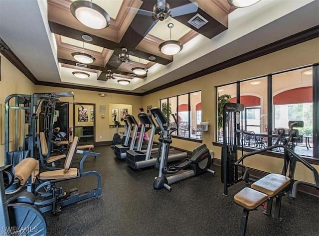 12980 Positano Cir Unit 306, Naples, FL 34105 - gym with crown molding, coffered ceiling, beam ceiling, and a ceiling fan
