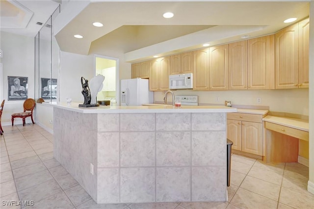 3206 SW 4th Ln, Cape Coral, FL 33991 - kitchen featuring white appliances, light brown cabinetry, light tile patterned floors, and recessed lighting