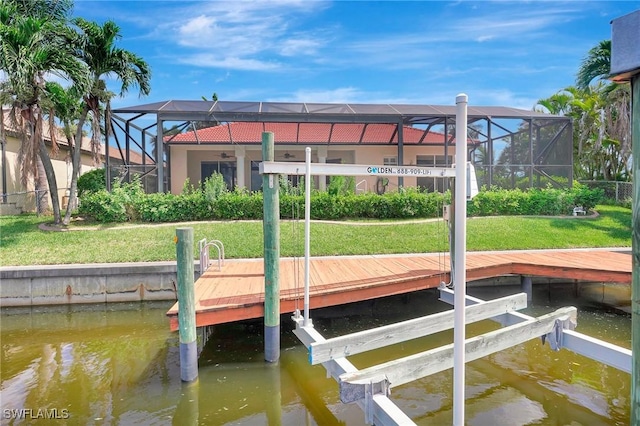 3206 SW 4th Ln, Cape Coral, FL 33991 - dock featuring a yard, a water view, and glass enclosure