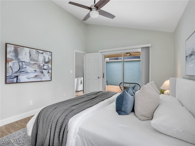 1492 La Petite Ct, Naples, FL 34104 - bedroom with vaulted ceiling, wood finished floors, and a ceiling fan