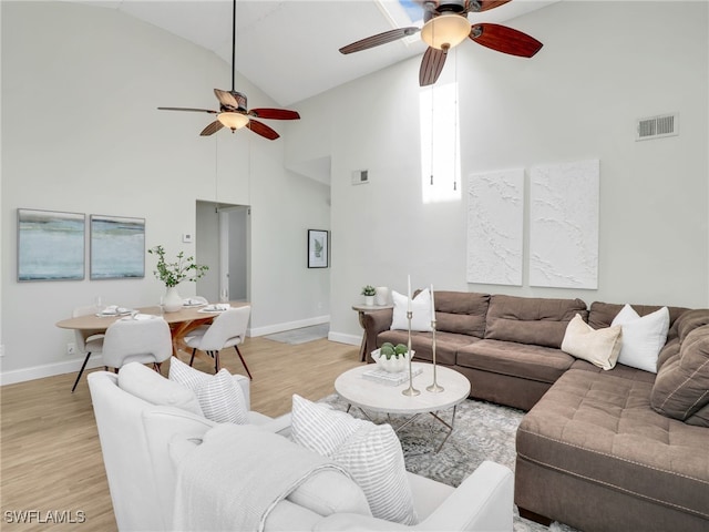 1492 La Petite Ct, Naples, FL 34104 - living room with ceiling fan, light wood-type flooring, and high vaulted ceiling