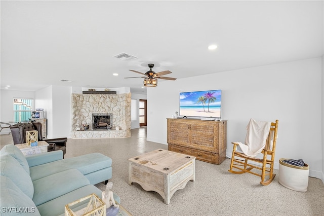 867 Oak St, Fort Myers Beach, FL 33931 - living area featuring a fireplace, a ceiling fan, and recessed lighting