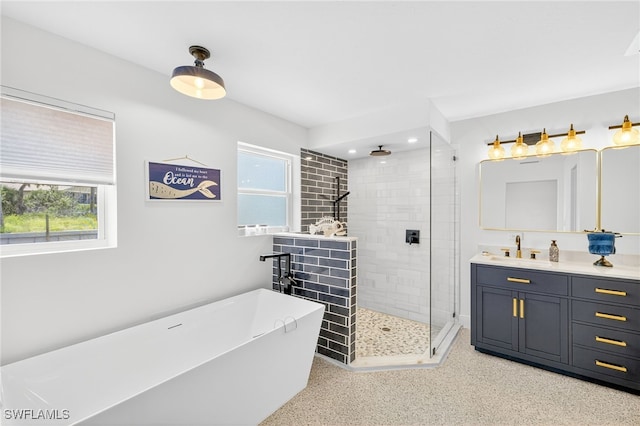 867 Oak St, Fort Myers Beach, FL 33931 - bathroom featuring a shower stall, a freestanding tub, healthy amount of natural light, a wood stove, and recessed lighting