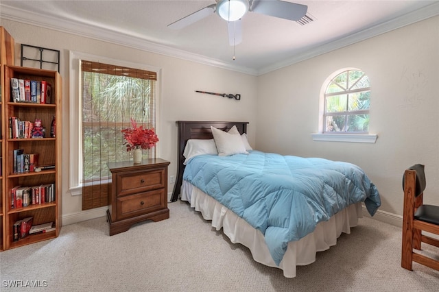 13915 Collier Blvd, Naples, FL 34119 - bedroom with crown molding, light carpet, and a ceiling fan