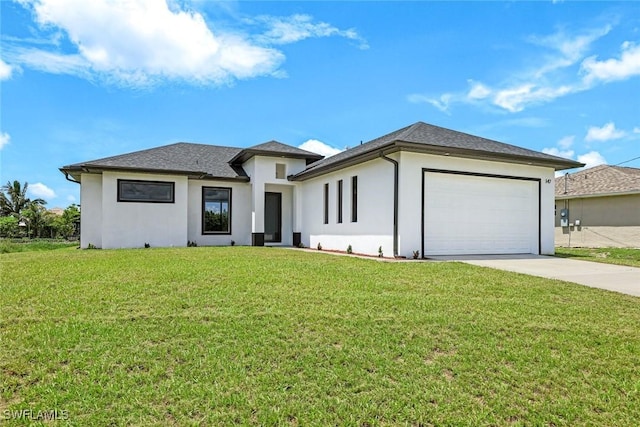 147 Partridge St, Lehigh Acres, FL 33974 - prairie-style home with stucco siding, driveway, a garage, and a front lawn