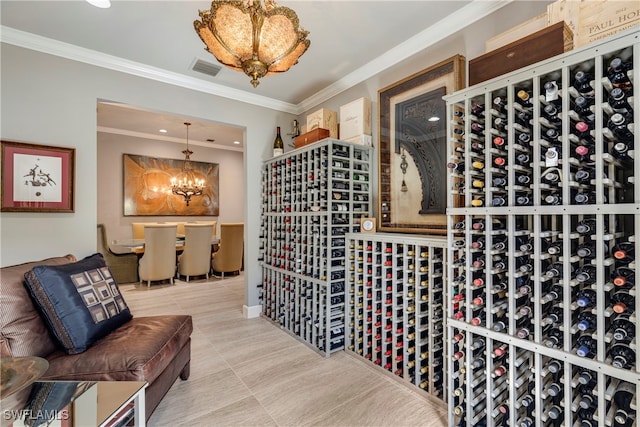 7478 Winding Cypress Dr, Naples, FL 34114 - wine area with a chandelier and crown molding