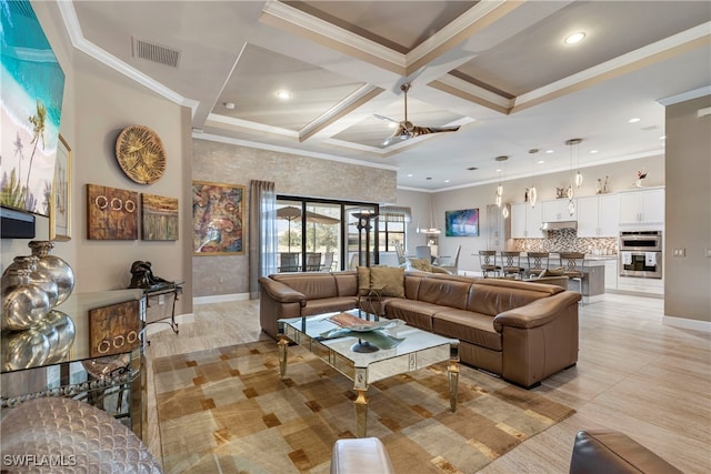 7478 Winding Cypress Dr, Naples, FL 34114 - living area with ceiling fan, coffered ceiling, crown molding, light tile patterned floors, and beamed ceiling