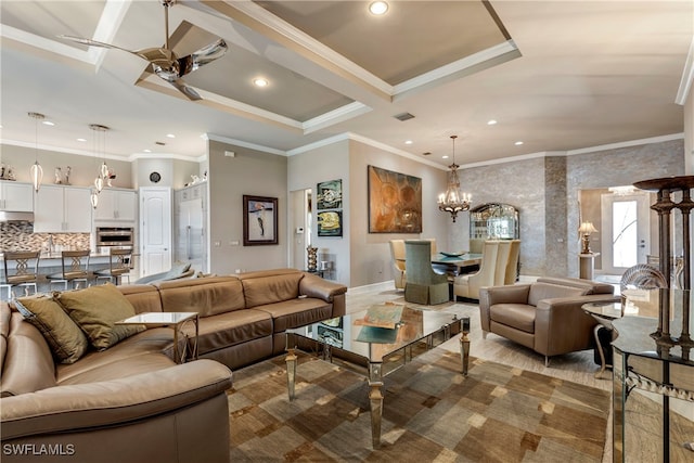 7478 Winding Cypress Dr, Naples, FL 34114 - living area featuring crown molding, a chandelier, recessed lighting, and a ceiling fan