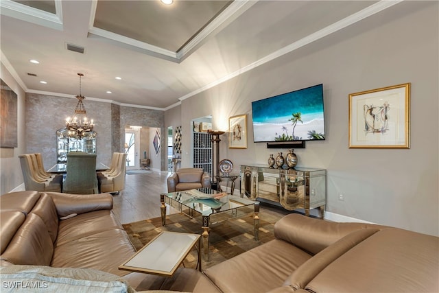 7478 Winding Cypress Dr, Naples, FL 34114 - living room with wood finished floors, a chandelier, ornamental molding, and recessed lighting